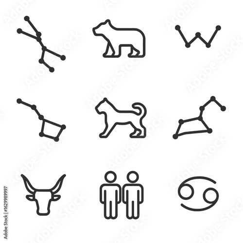 Constellation Icon Set. Outline icon set of constellation patterns: Orion belt stars connected, Ursa Major outline, Cassiopeia W