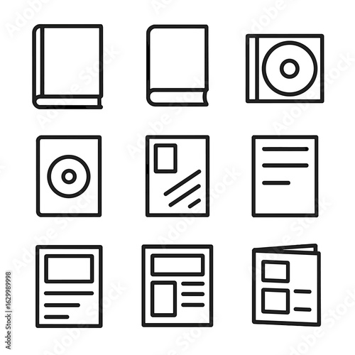 Media Covers Icon Set. Outline icon set of book and media covers: hardcover book, paperback book, CD case, DVD case, comic book