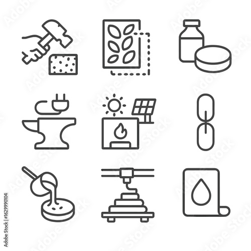 Eco Fabrication Icons. Outline icon set of eco-friendly fabrication techniques: hand-hammered texture, zero-waste cutting pattern,