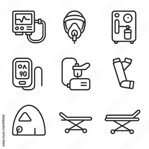 Medical Oxygen Therapy Icons. Outline icon set of medical oxygen therapy: ventilator, CPAP mask, BiPAP machine, oxygen