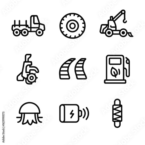 Eco Harvest Machinery Icons. Outline icon set of low-impact harvesting machinery: forwarder, low-ground-pressure tire, winch