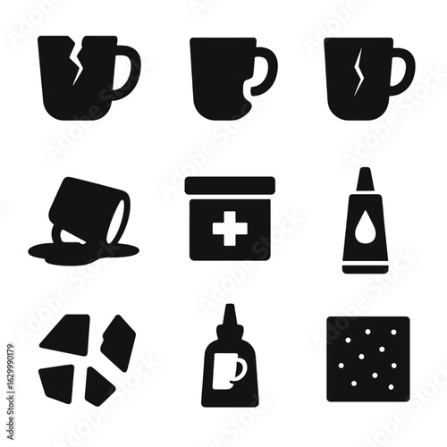 Cracked Mug Icon Set. Solid, filled icon set of cracked ceramic mugs: broken mug, chipped handle, hairline crack, spilled liquid,