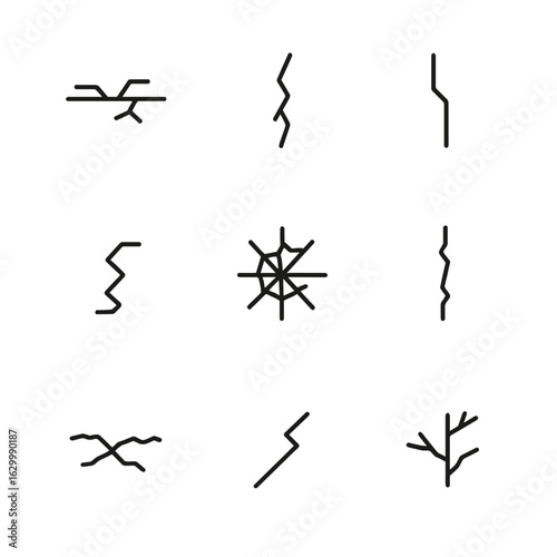 Crack Types Icons. Outline icon set of crack types: surface crack, deep crack, hairline crack, zigzag crack, spiderweb crack,
