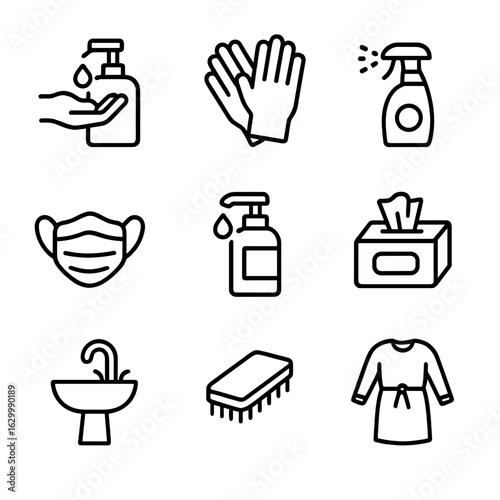 Medical Sanitation Icons. Outline icon set of medical wash and sanitation: hand sanitizer, gloves, disinfectant spray, mask, soap