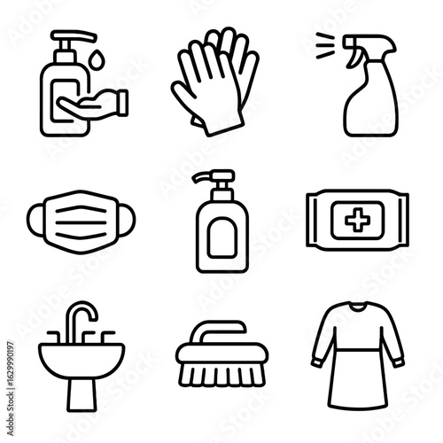 Medical Sanitation Icons. Outline icon set of medical wash and sanitation: hand sanitizer, gloves, disinfectant spray, mask, soap