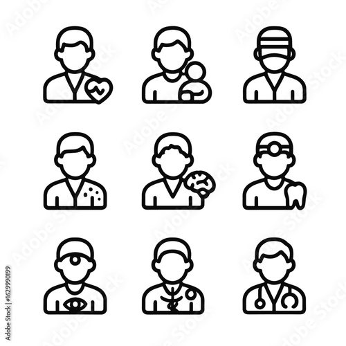 Medical Specialists Icons. Outline icon set of doctor specialties: cardiologist, pediatrician, surgeon, dermatologist, neurologist