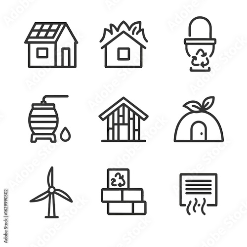 Eco-Friendly Icons Set. Outline icon set of eco-friendly accommodations: solar panel roof, green roof, composting toilet,