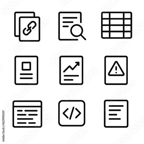 Crawler Icon Set. Outline icon set of crawler outputs: indexed pages, search results, data tables, reports, charts, alerts, logs,
