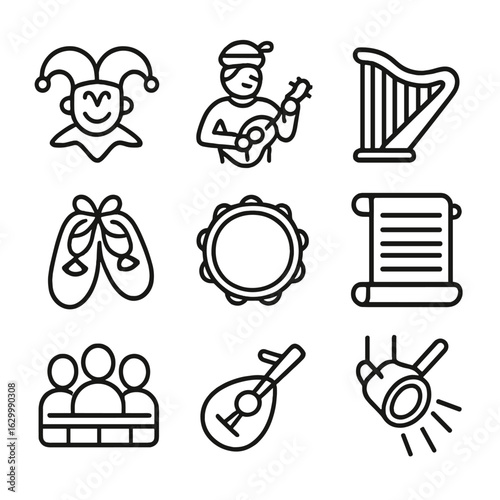 Medieval Entertainment Icons. Outline icon set of medieval entertainment: court jester, minstrel, harp, dancing shoes, tambourine,
