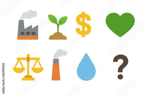 Eco-Economic Balance Icons. Flat vector mini-illustrations environmental sacrifice vs economic benefit in colors children's