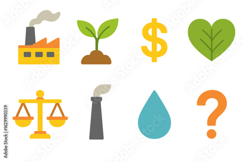 Eco-Economic Balance Icons. Flat vector mini-illustrations environmental sacrifice vs economic benefit in colors children's