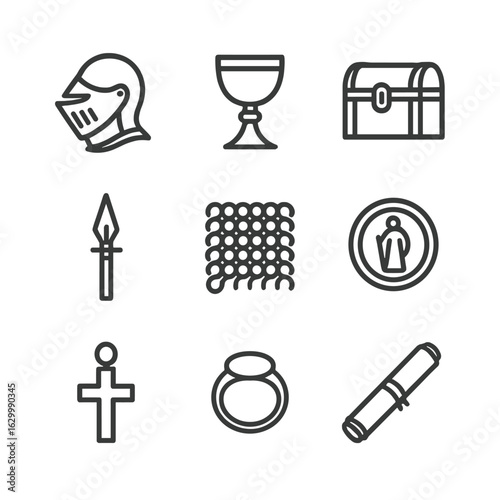 Medieval Relics Icons Set. Outline icon set of medieval relics: knight’s helmet, goblet, holy relic chest, relic spear, chainmail