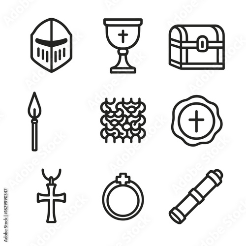 Medieval Relics Icons Set. Outline icon set of medieval relics: knight’s helmet, goblet, holy relic chest, relic spear, chainmail