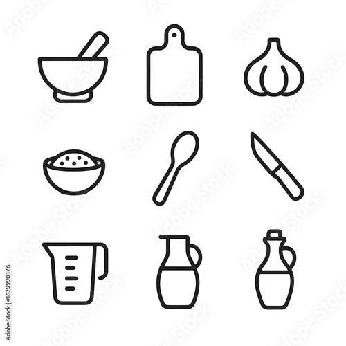Cooking Prep Icons. Outline icon set of cooking prep items: pestle, mortar, cutting board, garlic bulb, spice bowl, mixing spoon,