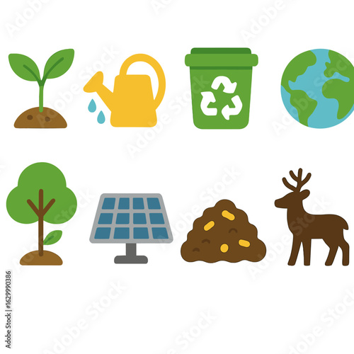 Eco-friendly Icons Grid. Flat vector mini-illustrations environmental stewardship mentorship in colors children's illustrations: