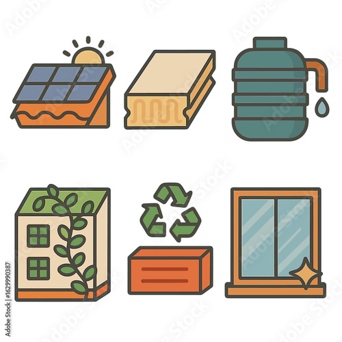 Eco-Friendly Building Icons. Flat vector mini-illustrations Green building materials in colors children’s illustrations: solar