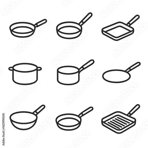 Cookware Icon Set. Outline icon set of non-stick cookware: non-stick pan, ceramic skillet, coated griddle, Teflon pot, non-stick