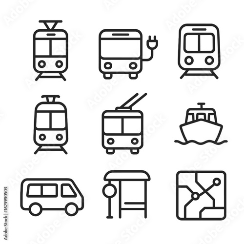 Eco-Friendly Transit Icons. Outline icon set of low-emission public transit: tram, electric bus, metro train, light rail,