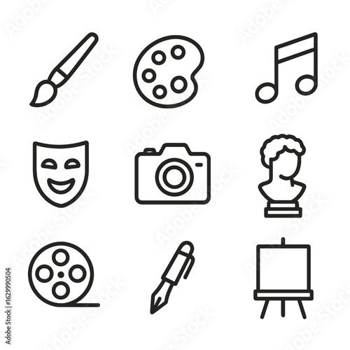 Creative Expression Icons. Outline icon set of artistic transcendence: paintbrush, palette, musical notes, theater mask, camera,