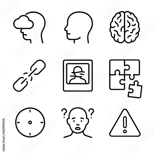 Memory Loss Icons. Outline icon set of memory loss and disorders: forgetfulness, amnesia, Alzheimer’s brain, broken chain, blurred