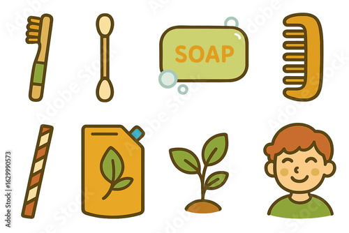 Eco-Friendly Icons. Flat vector mini-illustrations biodegradable product lines in colors children's illustrations: bamboo