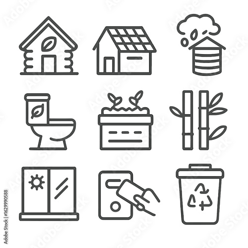 Eco-Lodge Icon Set. Outline icon set of green lodging and accommodations: eco-lodge cabin, solar panel roof, rainwater tank,