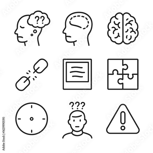 Memory Loss Icons. Outline icon set of memory loss and disorders: forgetfulness, amnesia, Alzheimer’s brain, broken chain, blurred