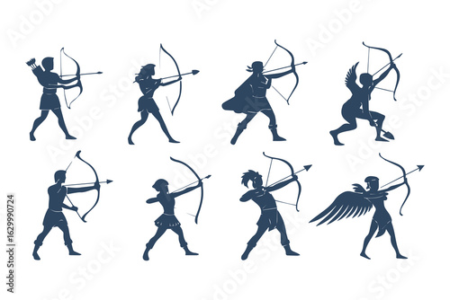 Collection of archer silhouettes in various poses. Vector illustration set of mythological hunters and warriors isolated on a white background.