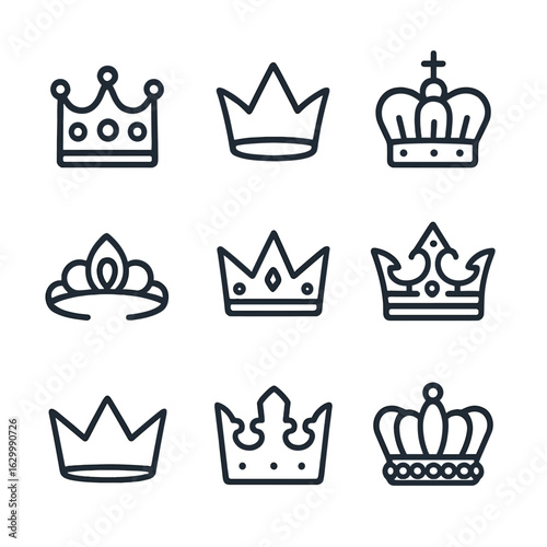 Crown Icons Collection. Outline icon set of crown decorations and symbols: jeweled crown, golden crown, crown with cross, tiara,