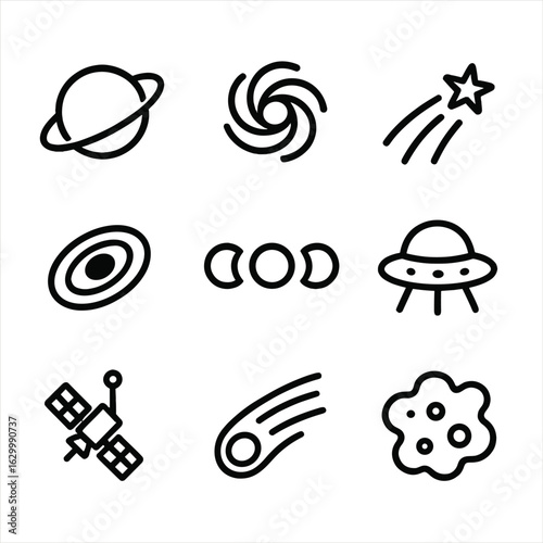 Cosmic Icon Set. Outline icon set of cosmic awe: planets, galaxy swirl, shooting star, black hole, moon phases, alien spacecraft,