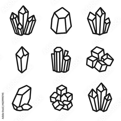 Crystal Outline Grid. Outline icon set of raw mineral crystals: amethyst, rose quartz, clear quartz, citrine, black tourmaline,