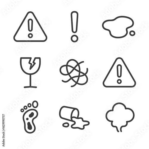 Mess Signal Icons. Outline icon set of mess signals: warning sign, exclamation mark, spilled liquid, broken glass, tangled wires,