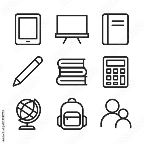 Education Tools Icons. Outline icon set of online learning and homeschooling tools: tablet, chalkboard, notebook, pencil, book