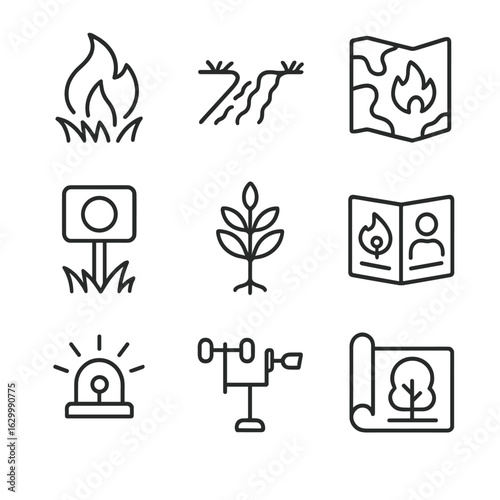 Ecosystem Resilience Icons. Outline icon set of ecosystem resilience and prevention strategies: controlled burn flame, firebreak