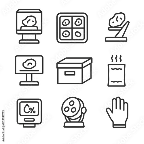 Meteorite Storage Icons. Outline icon set of meteorite storage and display: display case, specimen tray, acrylic stand, label