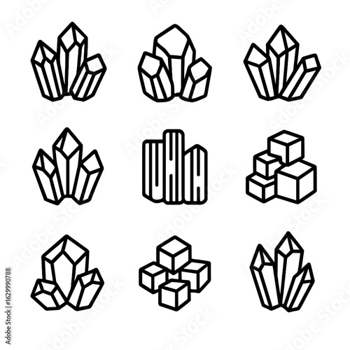 Crystal Outline Grid. Outline icon set of raw mineral crystals: amethyst, rose quartz, clear quartz, citrine, black tourmaline,