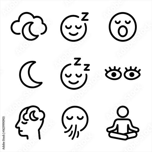 Midnight Emotion Icons. Outline icon set of midnight emotions: dream cloud, sleepy face, yawning mouth, crescent smile, peaceful
