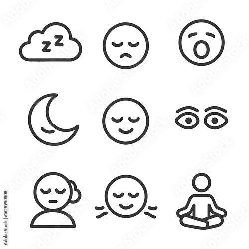 Midnight Emotion Icons. Outline icon set of midnight emotions: dream cloud, sleepy face, yawning mouth, crescent smile, peaceful
