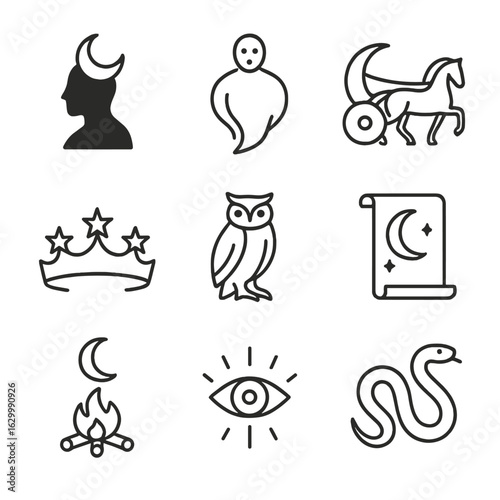 Midnight Mythology Icons. Outline icon set of midnight mythology: lunar deity silhouette, night spirit symbol, moon chariot