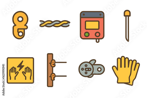 Electric Fence Essentials. Flat vector mini-illustrations Electric fence setup in colors children's illustrations: insulator clips