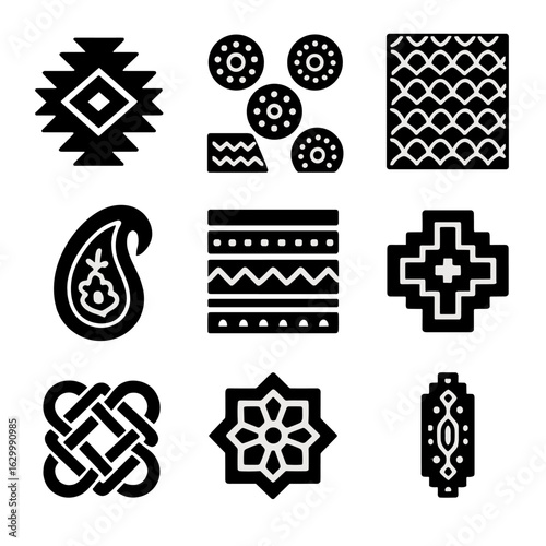 Cultural Pattern Icons. Solid, filled icon set of cultural patterns in fashion: tribal print, African wax, Japanese sashiko,