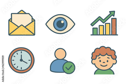 Email Monitoring Icons. Flat vector mini-illustrations email open rate monitoring in colors children's illustrations: email