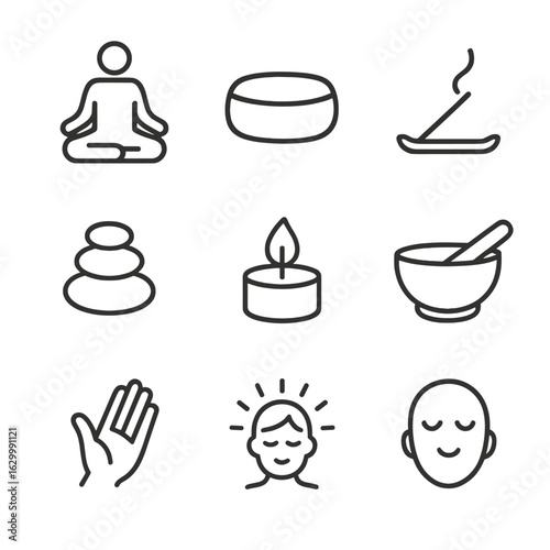 Mindfulness Icon Set. Outline icon set of solo meditation and mindfulness: lotus position, meditation cushion, incense stick, zen