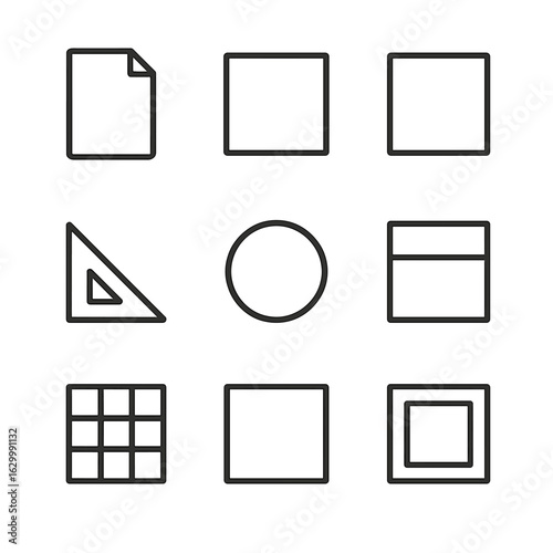 Minimal Icon Grid. Outline icon set of purity in design: minimalistic layout, blank page, clean lines, geometric shapes, white