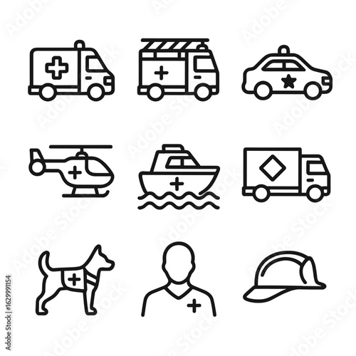 Emergency Icons Grid. Outline icon set of emergency vehicles and responders: ambulance, fire truck, police car, rescue helicopter,