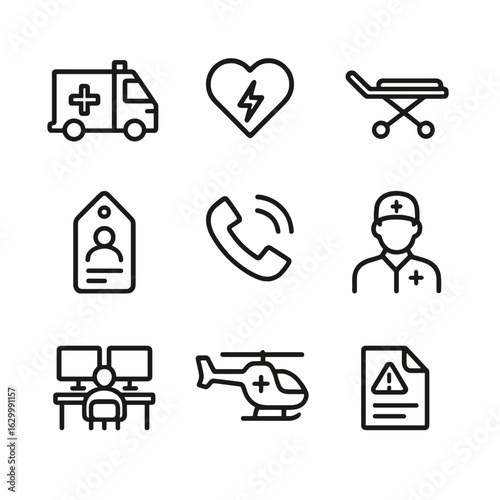 Emergency Response Icons. Outline icon set of emergency response collaboration: ambulance, defibrillator, stretcher, triage tag,