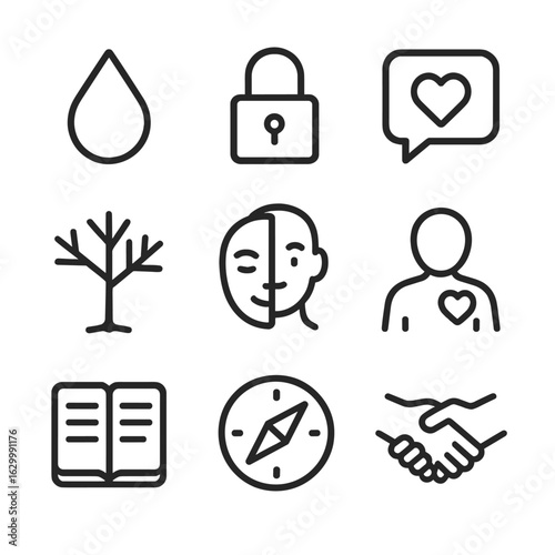 Emotional Honesty Icons. Outline icon set of emotional honesty and authenticity: tear drop, open padlock, speech bubble with heart