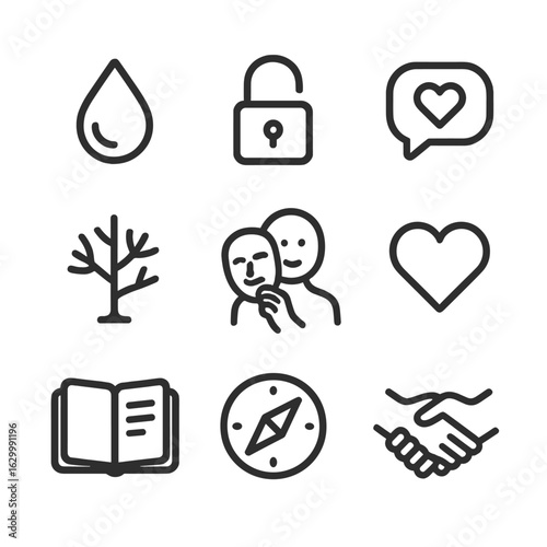 Emotional Honesty Icons. Outline icon set of emotional honesty and authenticity: tear drop, open padlock, speech bubble with heart