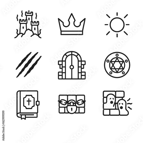 Cursed and Mythical Icons. Outline icon set of cursed castle: dark aura, cursed crown, eerie glow, claw mark, sealed door, magic
