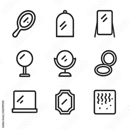 Mirror Icon Set. Outline icon set of mirror types: handheld mirror, wall mirror, full-length mirror, vanity mirror, makeup mirror,